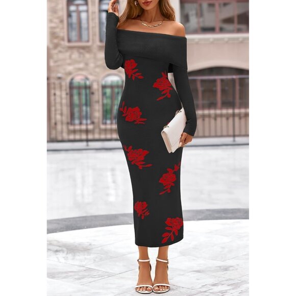 Merokeety Women's Blackrose Off Shoulder Long Sleeve Elegant Bodycon Midi Dress - Picture 8 of 9